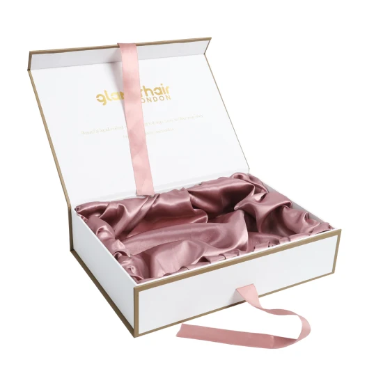 Confezione regalo magnetica personalizzata realizzata in carta da regalo satinata per extension per capelli con nastro